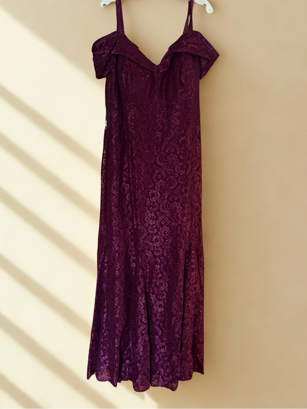 R&M Richards Plum Lace Off-Shoulder Maxi Dress